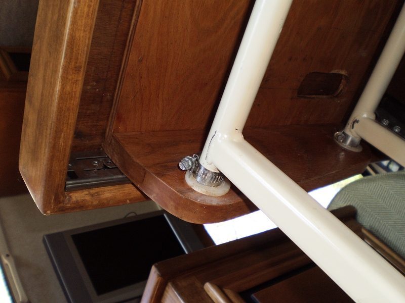 Beneath the table top.