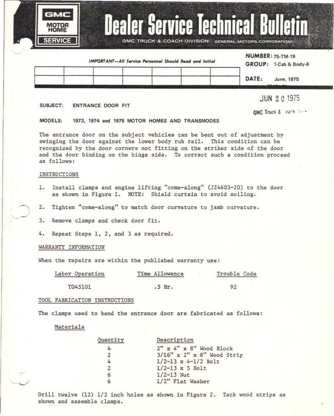 Entrance door fit, Service Bulletin 75-TM-19