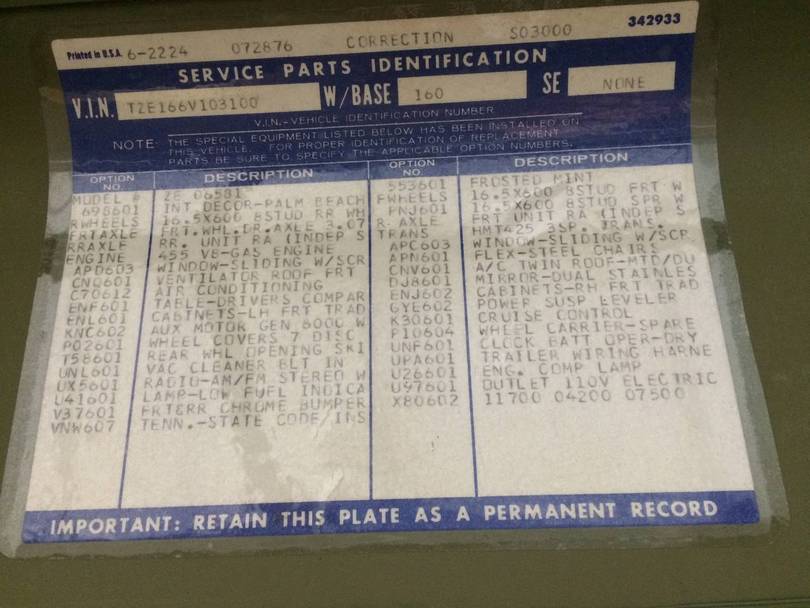 service parts sticker, found in glove box door