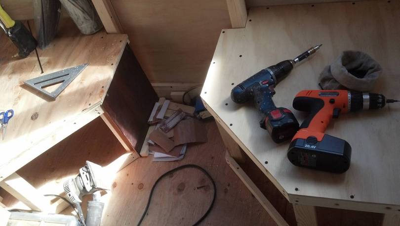 Interior work on seating area.