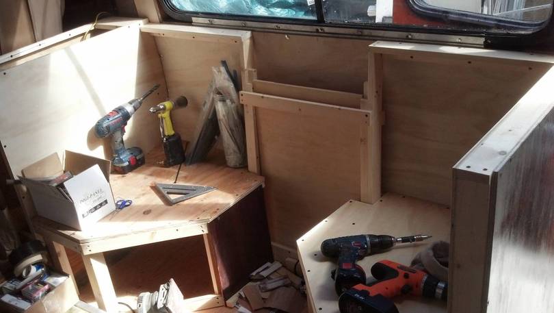 Interior work on seating area.