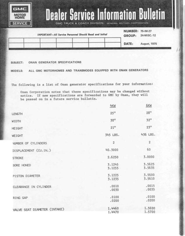 Onan Specifications